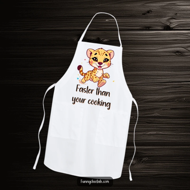 Funny Cheetah Apron designed with a slyly winking cheetah kicking up colorful dust, perfect for a humorous cooking experience.