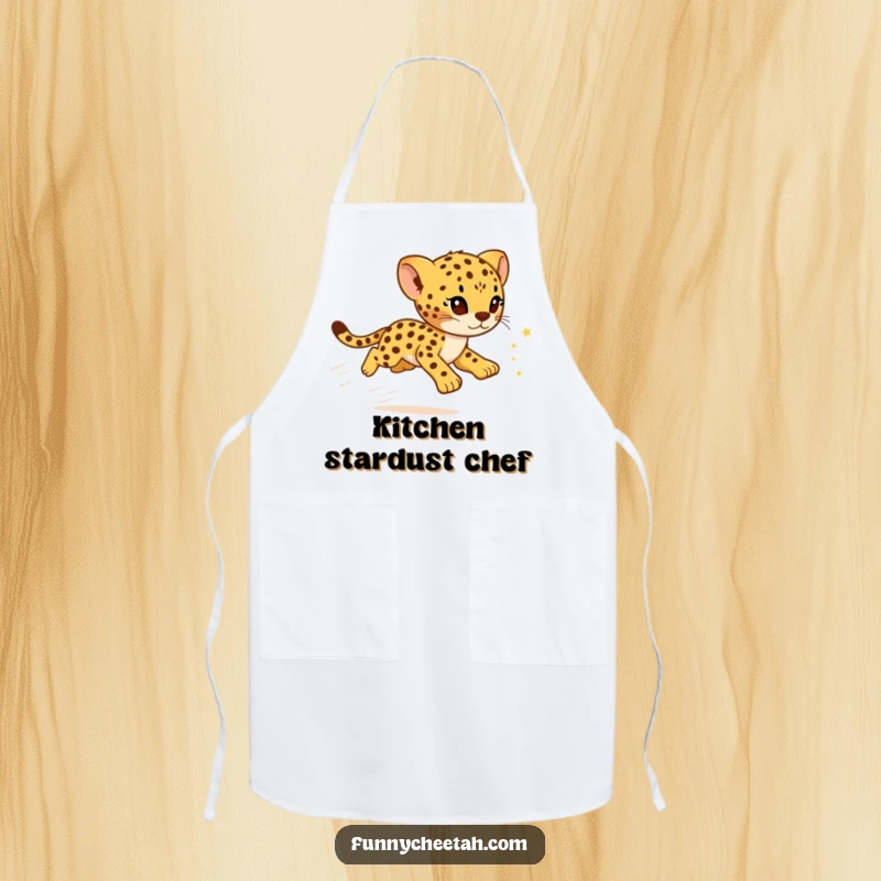 Funny Cheetah Cub Apron featuring a cub dashing with a trail of sparkling stars, perfect for adding humor to meal prep.