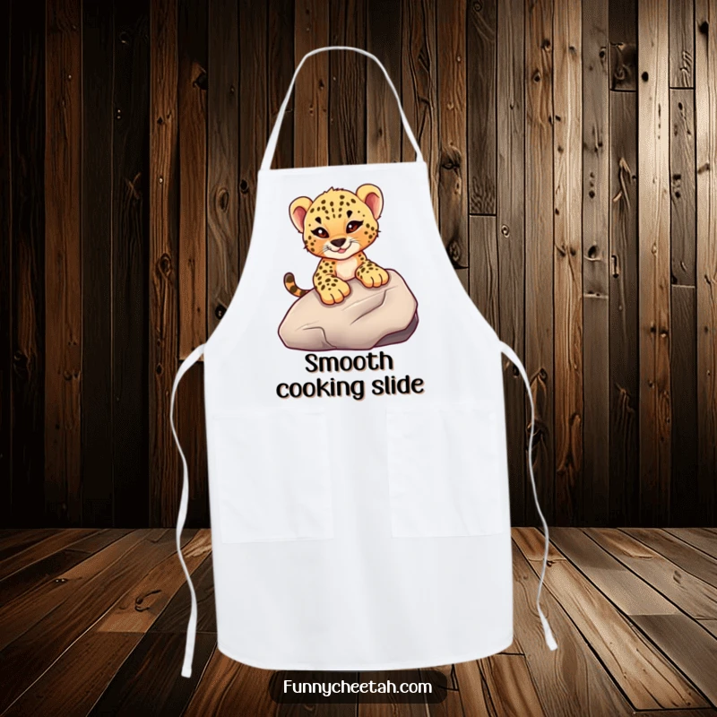 Funny apron showcasing a cheetah cub with a mischievous wink sliding down a smooth rock, designed for adventurous cooks who enjoy a daring flair.