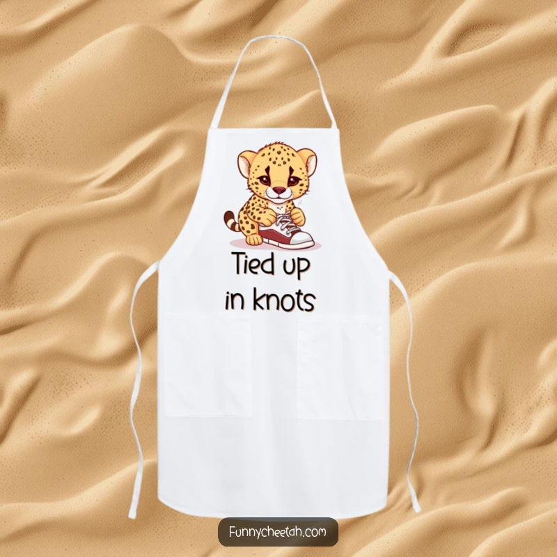 Funny apron showcasing a cheetah cub comically confused by its shoelaces, designed for chefs who appreciate humor while cooking.