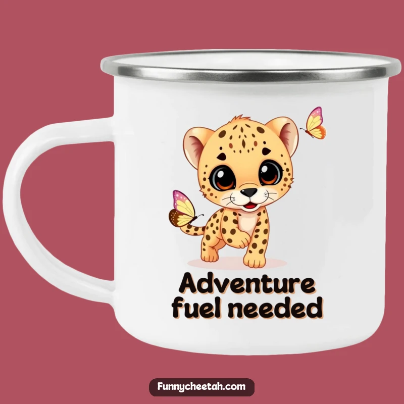 Funny Cheetah Cub Camping Mug: Outdoor Adventures with Cub Chasing Butterfly, Rugged & Humorous Gift