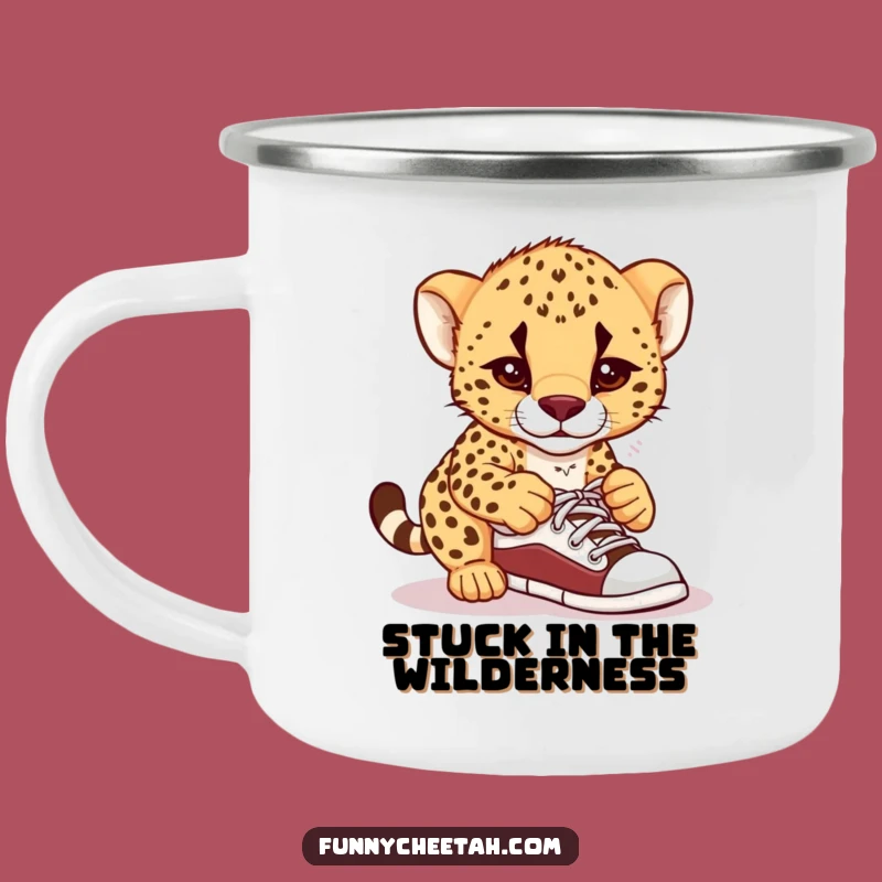 Funny Cheetah Cub Camping Mug: Shoelace Struggle Cub, Rugged & Humorous Outdoor Gift