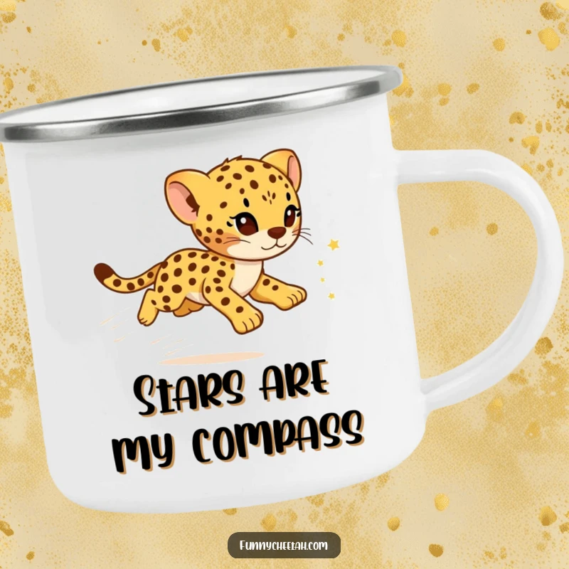 Funny Cheetah Cub Camping Mug with a cub leaving a sparkling star trail, designed for adventurous souls who appreciate humor.