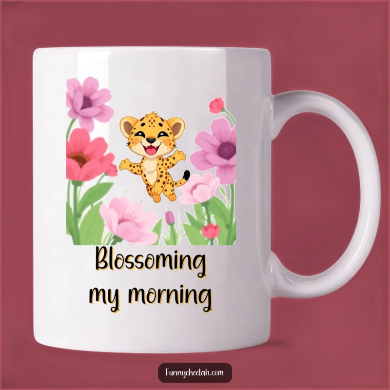 Funny Cheetah Cub Mug: Joyful Leap Through Flowers, Delightful Gift for Happy Souls