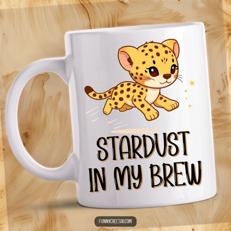 Funny Cheetah Cub Mug featuring a cub zooming with a trail of sparkling stars, conveying speed and adorable humor.