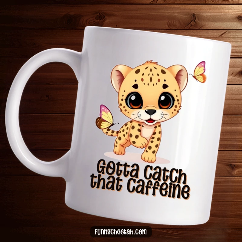 Funny mug featuring a wide-eyed cheetah cub playfully chasing a shimmering butterfly, capturing a moment of pure, innocent joy and curiosity.