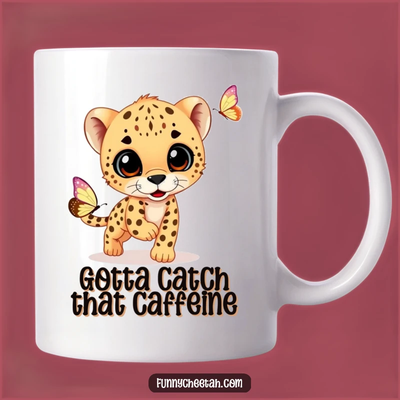Funny Cheetah Cub Mug: Curious Cub Chasing Butterfly, Perfect Whimsical Gift for Animal Lovers
