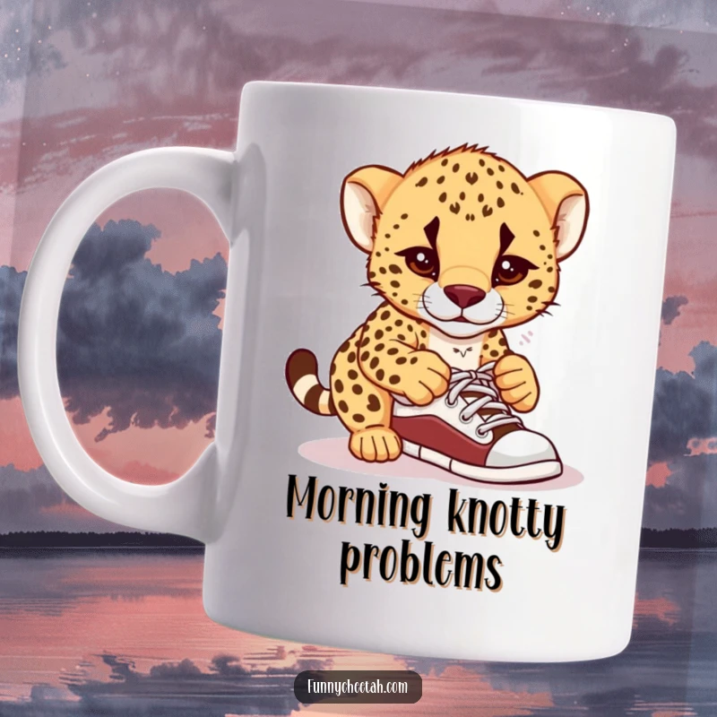 Funny mug showing a cheetah cub comically confused while attempting to tie its oversized shoelaces, symbolizing relatable everyday challenges.