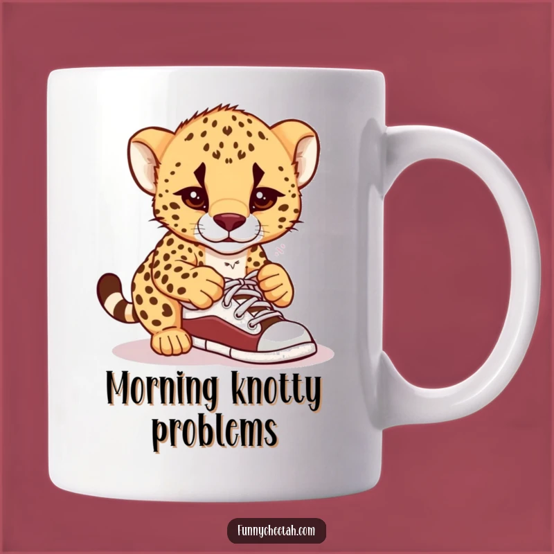 Funny Cheetah Cub Shoelace Mug: Confused Cub's Tying Attempt, Hilarious Gift for Clumsy Folks