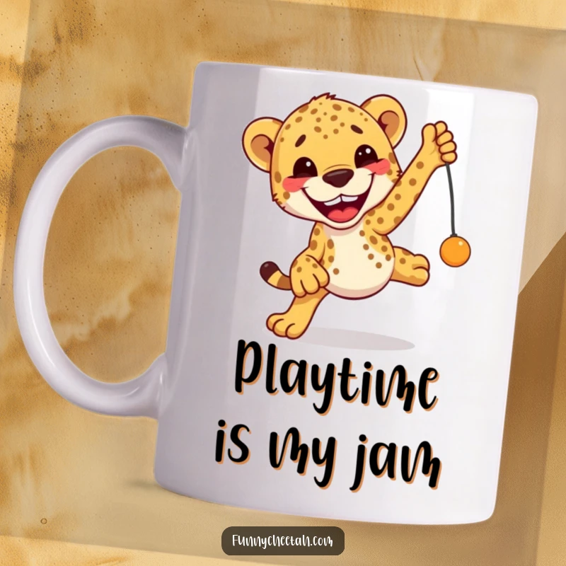 Funny Cheetah Mug featuring a cheetah with a huge grin, joyfully leaping towards a dangling toy in a playful, humorous illustration.
