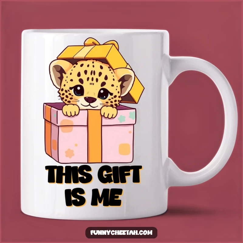 Funny Cheetah Cub Mug: Gift Box Surprise, Playful Cub Expression, Humorous Gift Delight