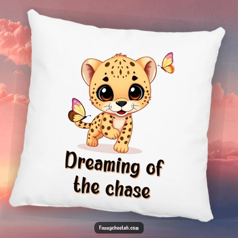 Funny decorative pillow featuring a cute cheetah cub innocently chasing a sparkling butterfly, offering comfort and a touch of playful charm.