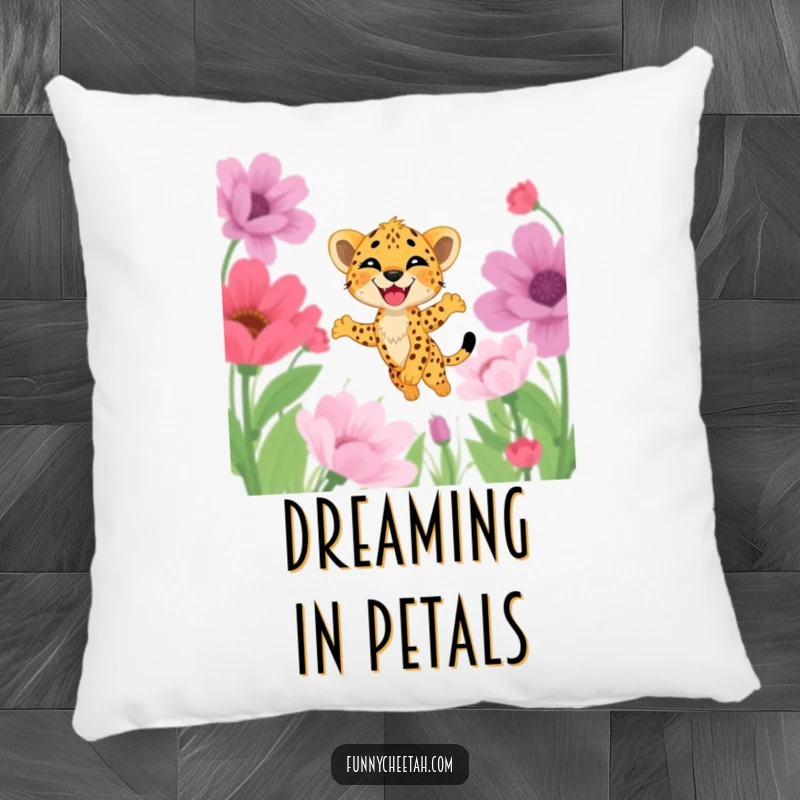Funny decorative pillow featuring a cheetah cub joyfully leaping through oversized flowers, offering comfort and a touch of vibrant cheer.