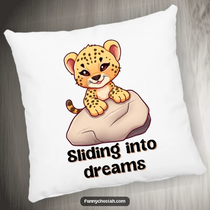 Funny decorative pillow featuring a cheetah cub with a mischievous wink sliding down a smooth rock, offering comfort and a spirit of adventure.