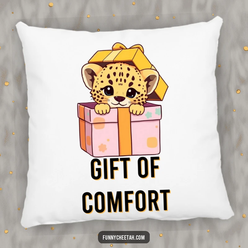 Funny decorative pillow featuring a cheetah cub playfully peeking from a colorful gift box, offering comfort and a touch of delightful surprise.
