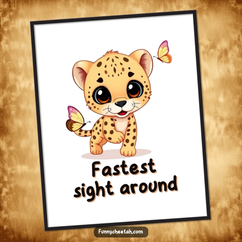 Funny printable cheetah cub art of a cub chasing a butterfly, perfect for instant cheerful wall decor and a delightful humorous gift.