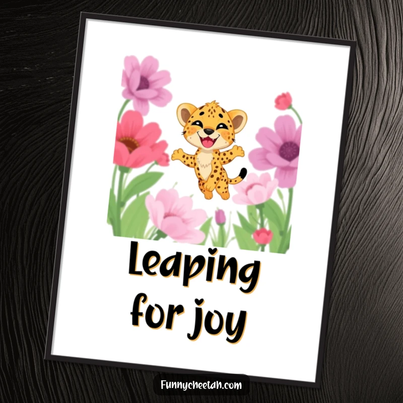 Funny printable cheetah cub art of a cub with a grin leaping through oversized flowers, perfect for instant cheerful wall decor and gifting.