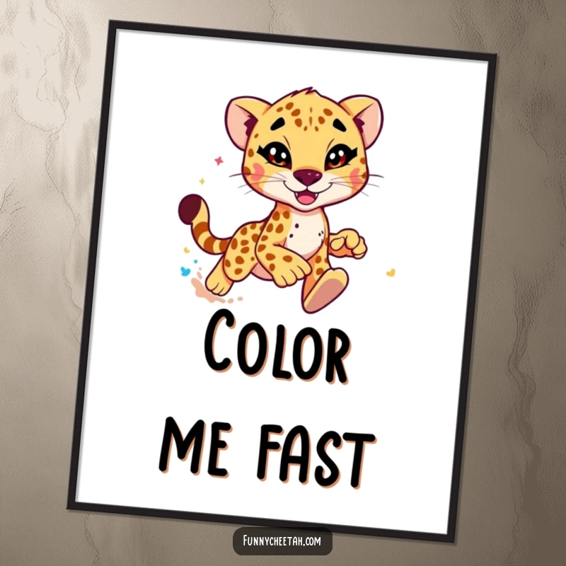 Funny Cheetah Digital Art Print of a cheetah winking slyly while kicking up a burst of colorful dust, capturing lively humor.