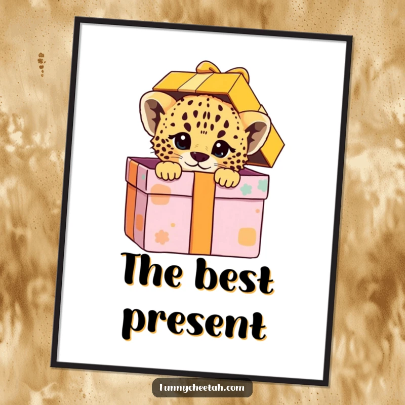 Funny printable cheetah cub art of a cub peeking from a gift box, perfect for instant cheerful wall decor and playful gifting.