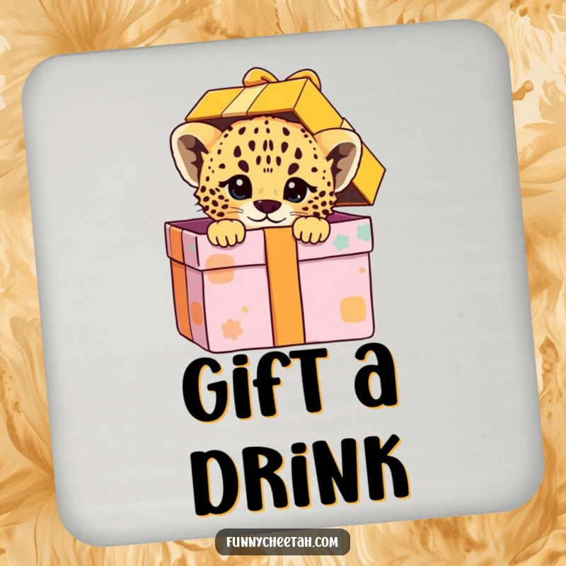 Funny drink coaster featuring a cheetah cub playfully peeking from a gift box, adding a touch of whimsical surprise to tabletops.