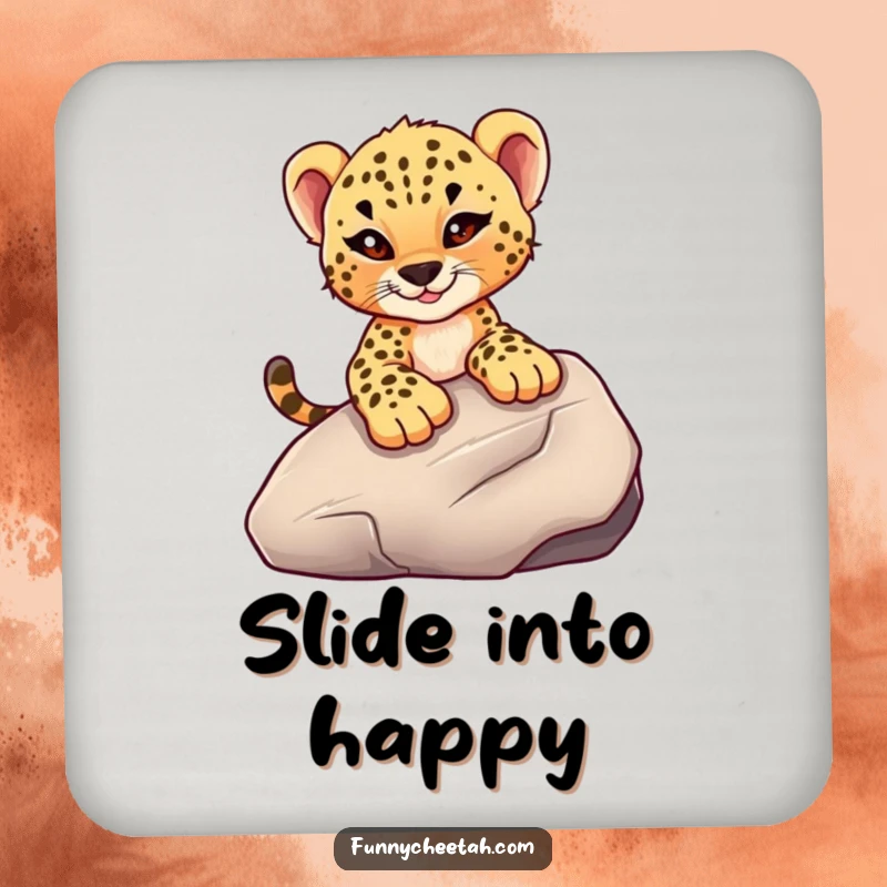 Funny drink coaster featuring a cheetah cub with a mischievous wink sliding down a smooth rock, adding a touch of daring fun to tabletops.