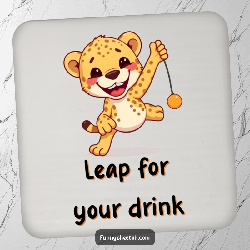 Funny Cheetah Coaster depicting an excited cheetah leaping towards a toy, offering playful humor and surface protection.