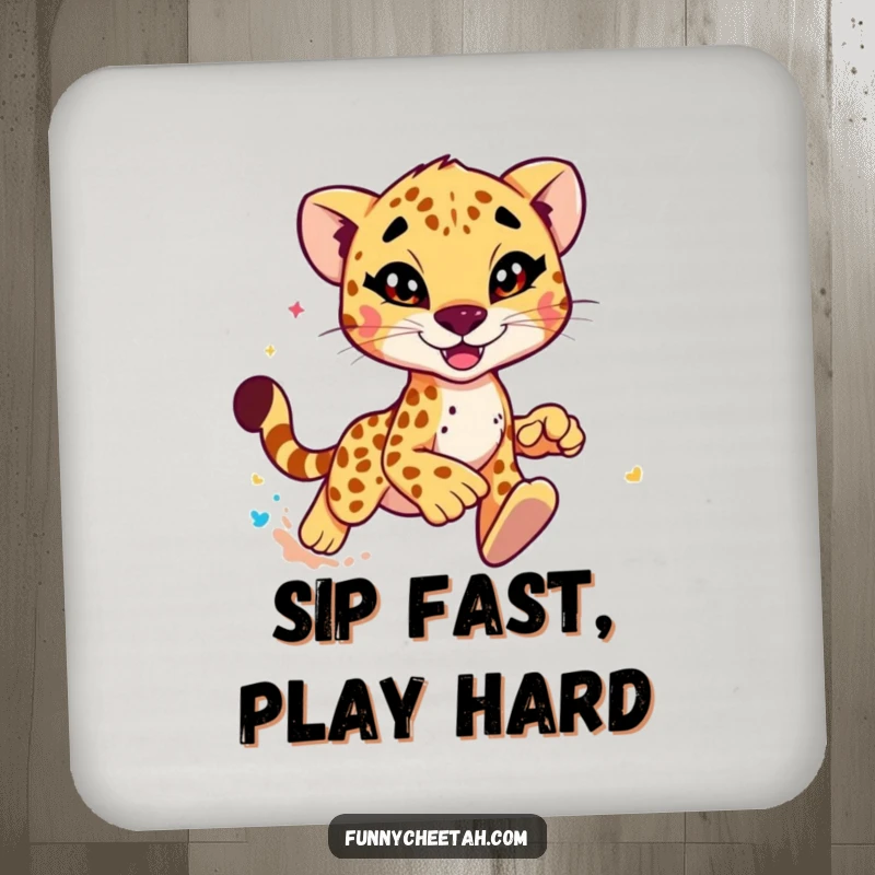 Funny Cheetah Coaster featuring a winking cheetah kicking up colorful dust, adding a humorous element to drink protection.