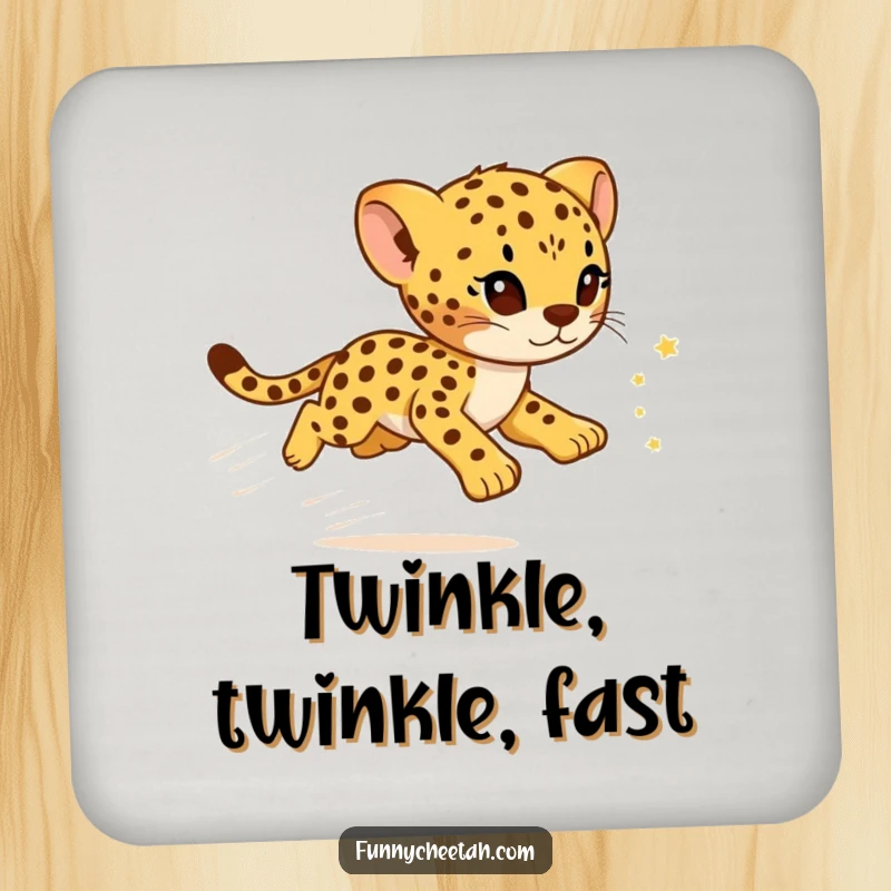 Funny Cheetah Cub Coaster featuring a cub with a sparkling star trail, offering playful humor and surface protection.