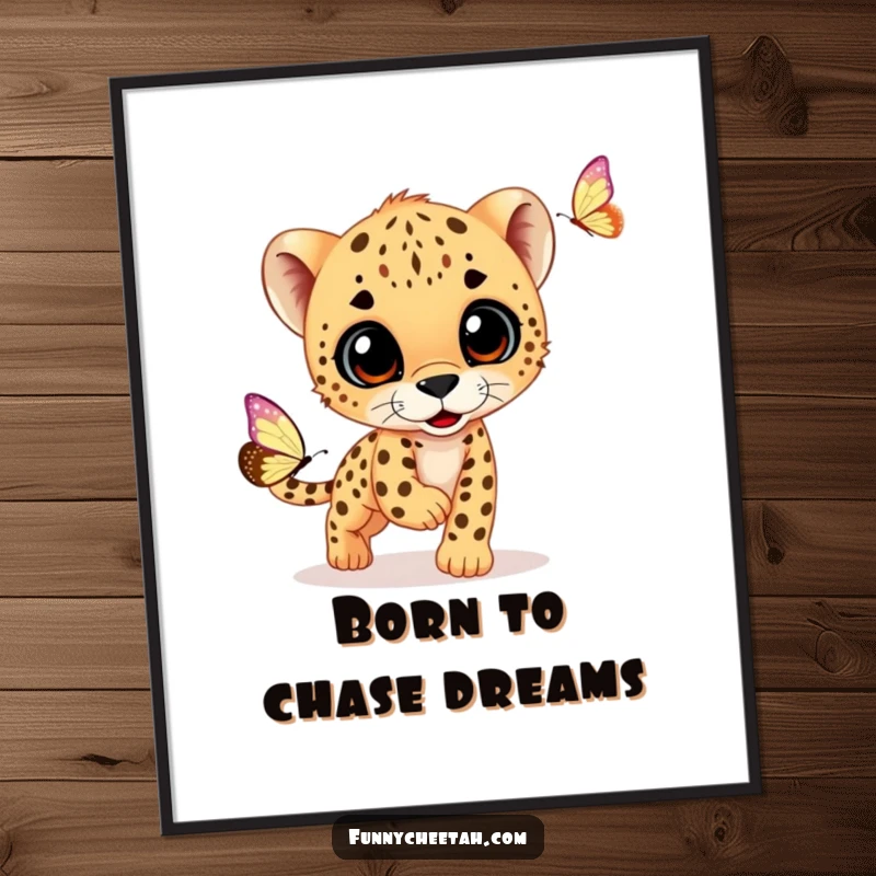 Funny poster art of a cheetah cub with wide, curious eyes, playfully chasing a shimmering butterfly across a vibrant background, evoking wonder.