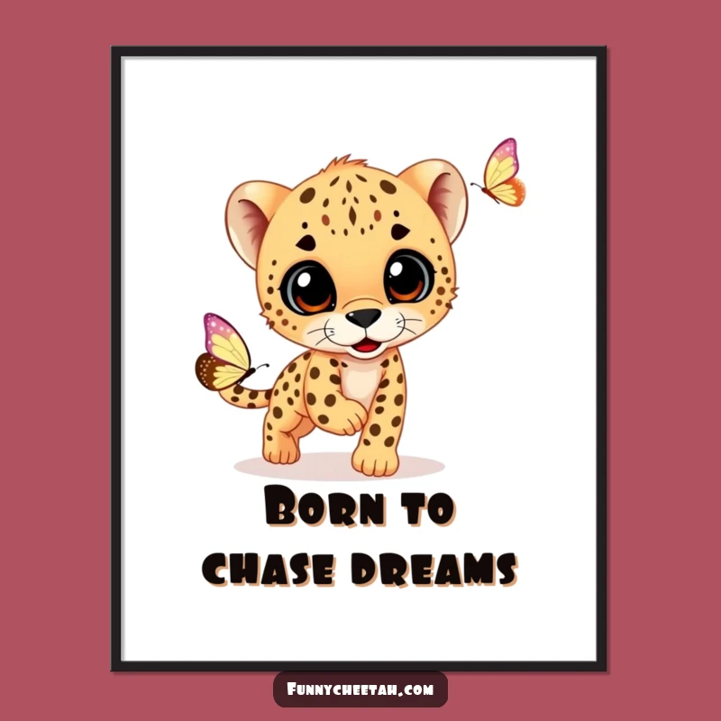 Funny Cheetah Cub Poster: Curious Cub Chasing Butterfly, Whimsical Wall Art & Humorous Gift Idea