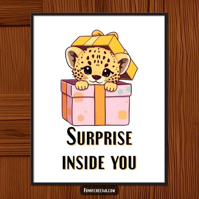Funny poster art of a cheetah cub playfully peeking out of a colorful, oversized gift box, evoking joy and playful anticipation.