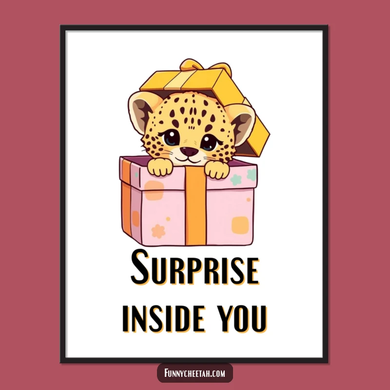 Funny Cheetah Cub Poster: Gift Box Surprise Cub, Whimsical Wall Art & Humorous Gift Idea