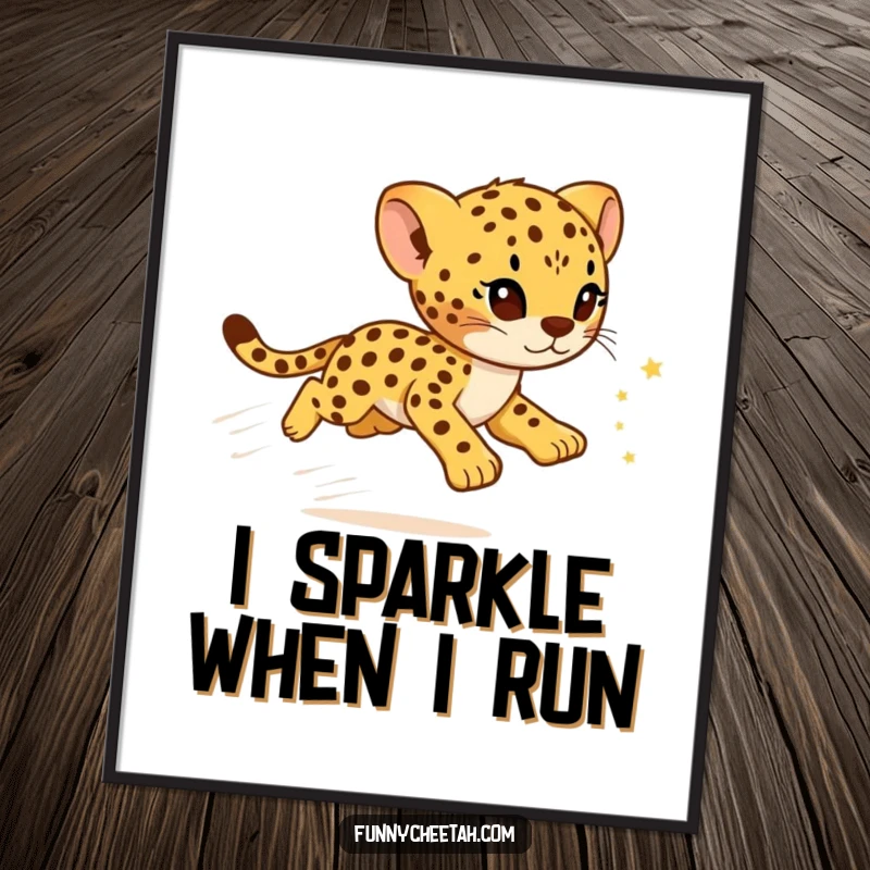 Funny Cheetah Cub Poster featuring a speedy cub leaving a mesmerizing trail of sparkling stars, adding a touch of whimsical art.