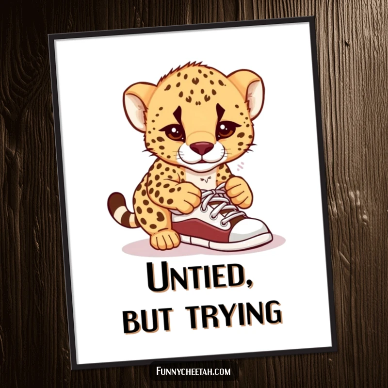 Funny poster featuring a cheetah cub looking comically baffled while struggling to tie its shoelaces, perfect for adding humor to any room.