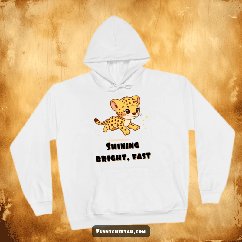 Funny Cheetah Cub Hoodie with a cub dashing through, leaving a captivating trail of sparkling stars, offering cozy, magical humor.