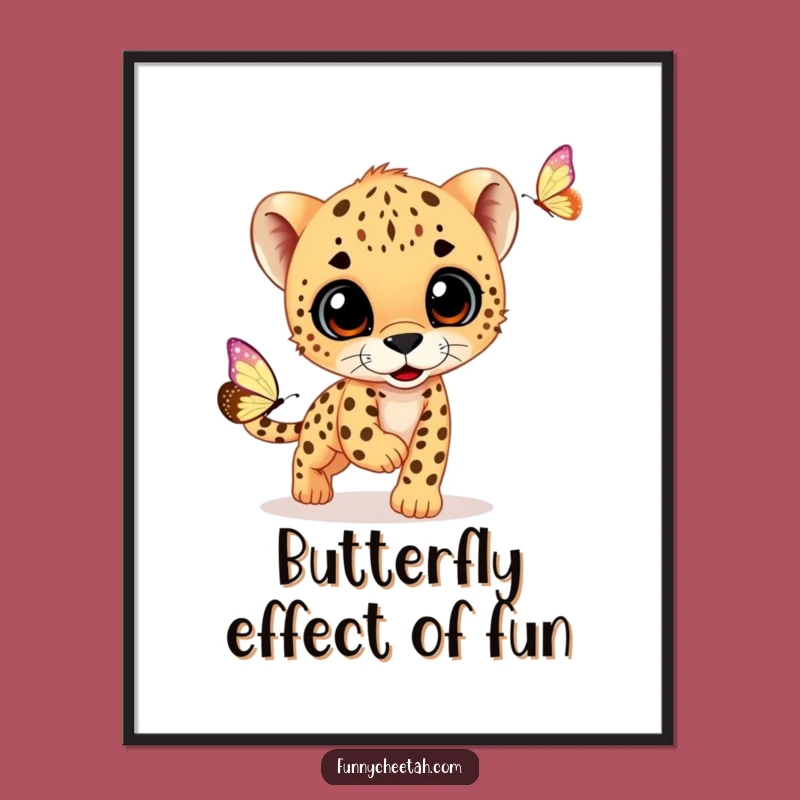 Funny Free Printable Cheetah Cub Wall Art: Cub Chasing Butterfly Downloadable Art for Kids Room