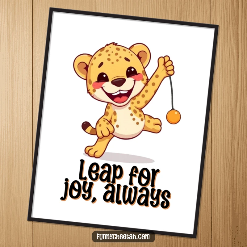 Free Printable Wall Art: A cheetah with an enormous, excited grin leaps dynamically towards a dangling toy, full of playful energy.