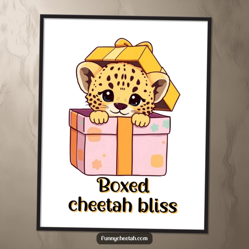 Funny Free Printable Cheetah Cub Wall Art: A cub peeks out from an oversized, colorful gift box with a playful expression.