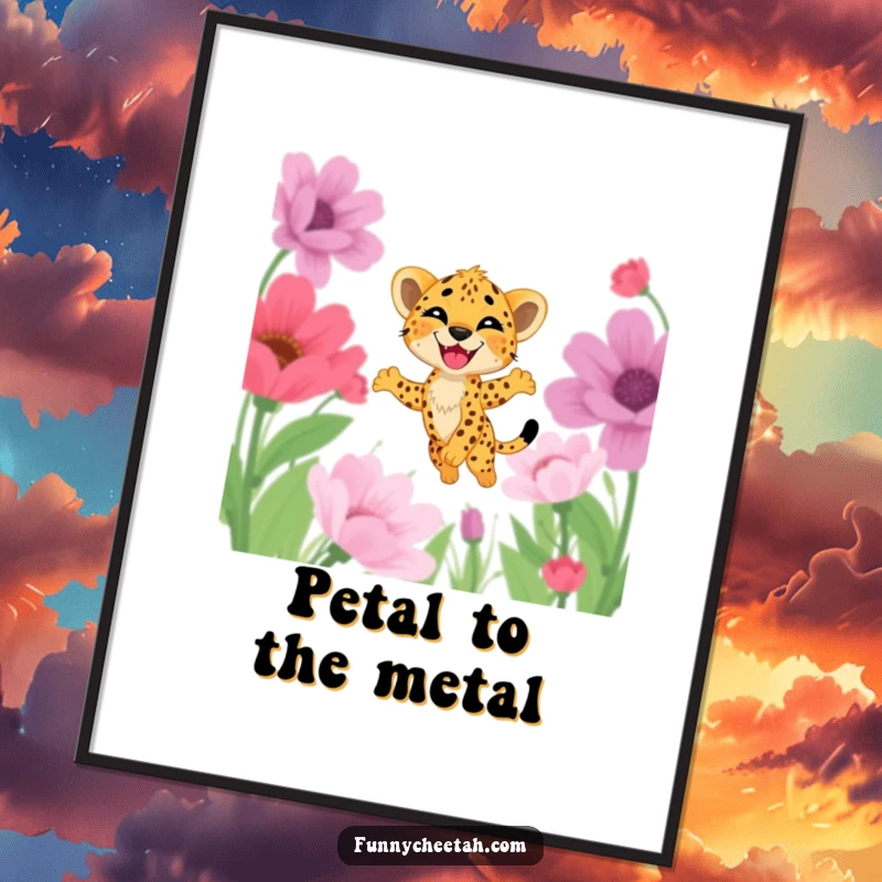 Funny Free Printable Cheetah Cub Wall Art: A cub with a delighted grin leaps through a field of oversized flowers.
