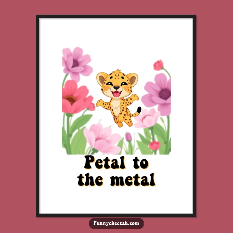 Funny Free Printable Cheetah Cub Wall Art: Cub Leaping Flowers Downloadable Art