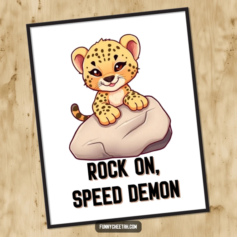 Funny Free Printable Cheetah Cub Wall Art: A cub with a mischievous wink slides down a large, smooth rock.
