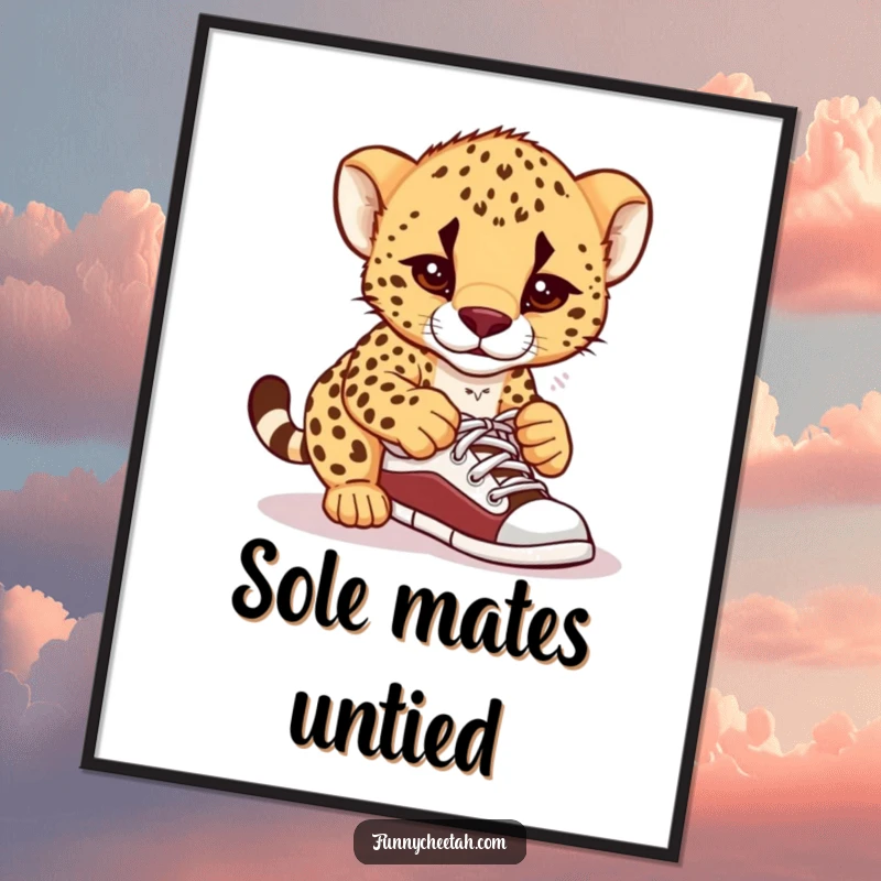 Funny Free Printable Cheetah Cub Wall Art: A cub looks comically confused while attempting to tie its shoelaces.