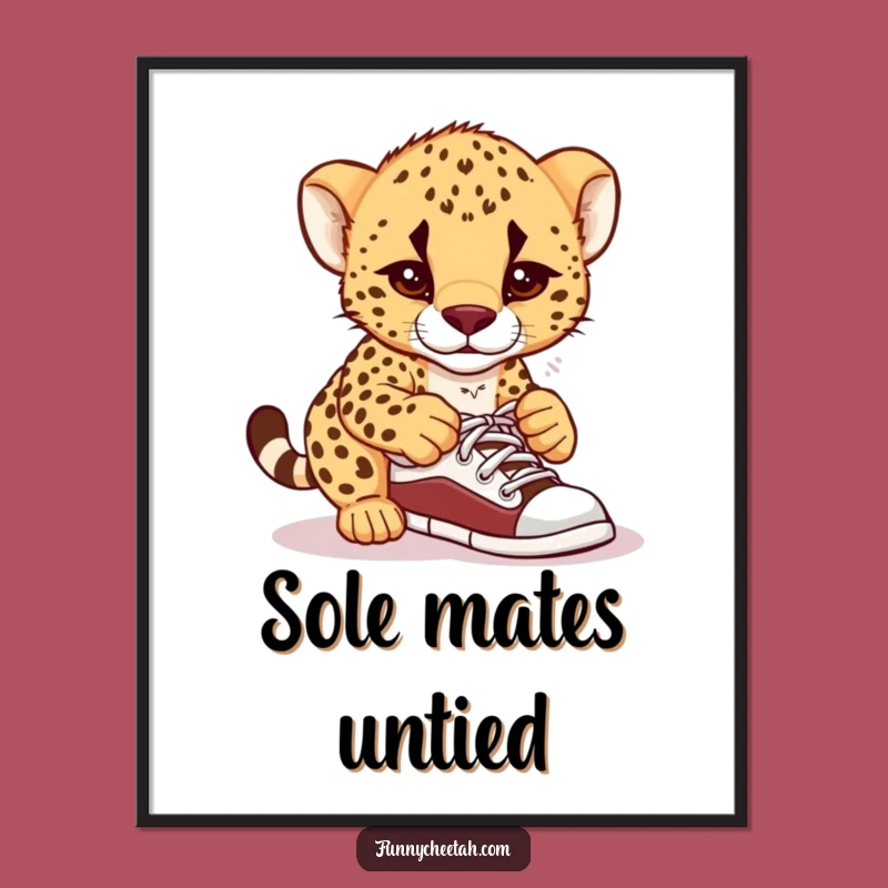 Funny Free Printable Cheetah Cub Wall Art: Confused Cub Shoe Tying Downloadable Art
