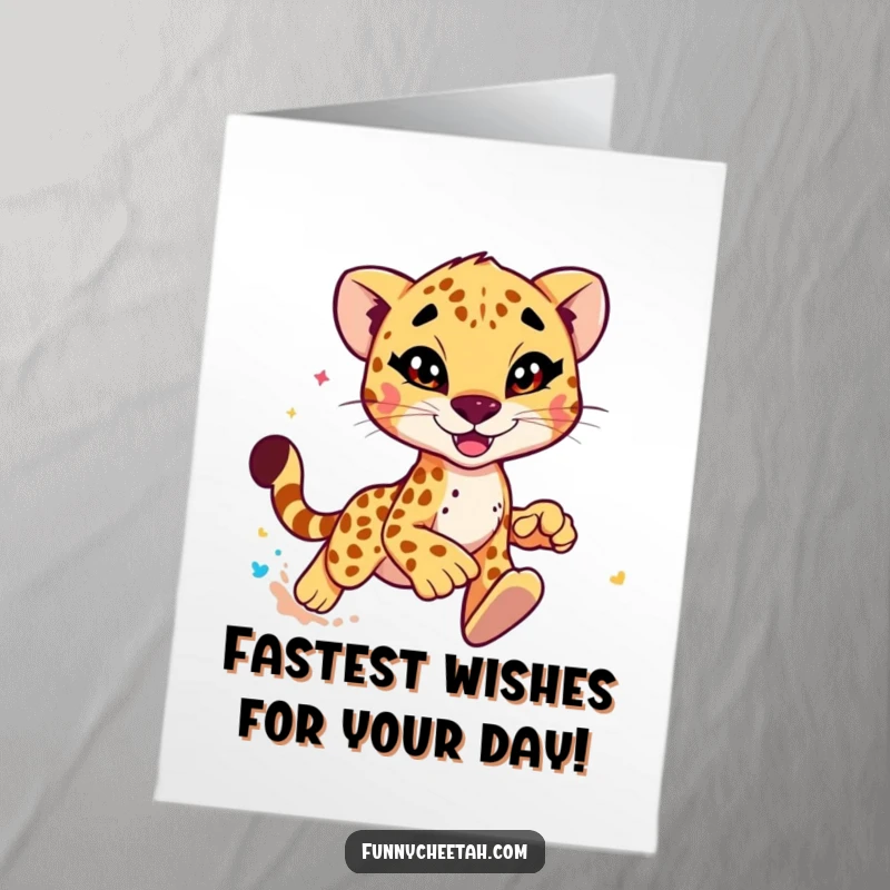 Funny Free Printable Birthday Card featuring a mischievous cheetah winking and kicking colorful dust, ready to party.