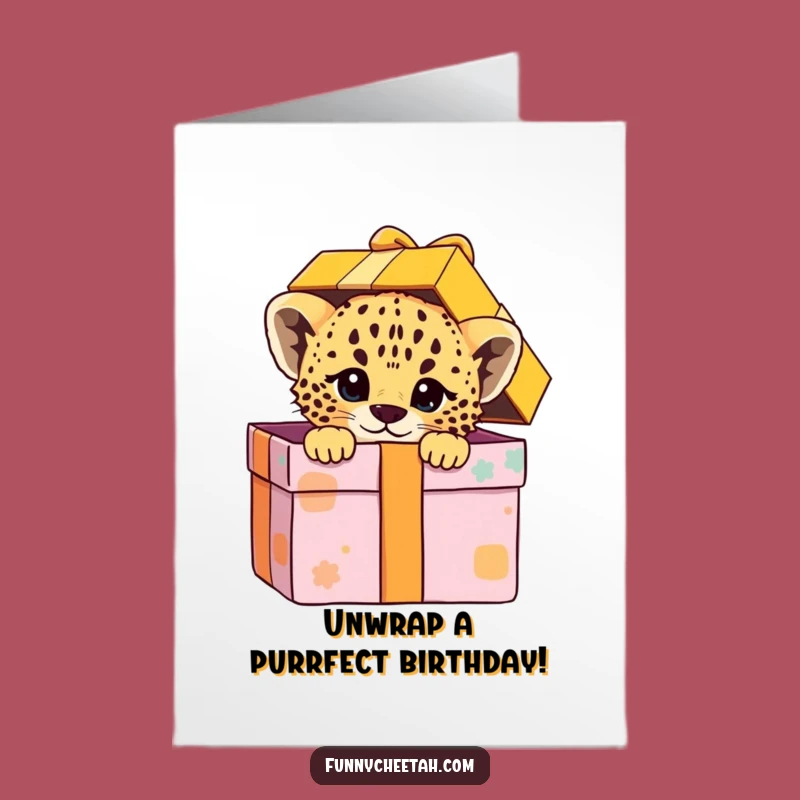 Free Printable Cheetah Cub Birthday Card: Cub in Gift Box Funny Downloadable Gift
