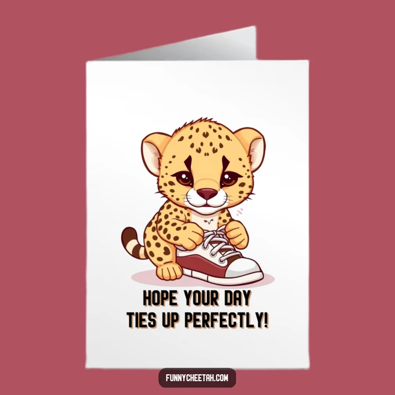 Free Printable Cheetah Cub Tying Shoes Birthday Card: Funny Confused Cub Downloadable Gift