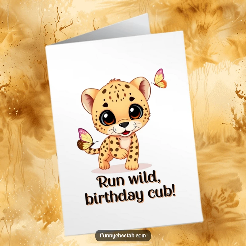 Funny Free Printable Cheetah Cub Birthday Card: Adorable cub playfully chases a butterfly with wide, curious eyes.