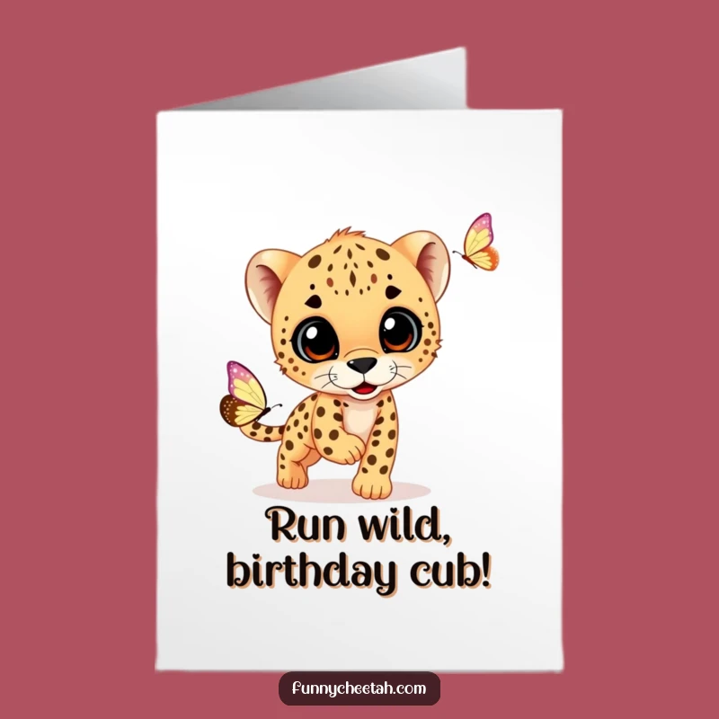 Free Printable Cheetah Cub Birthday Card: Cute Cub Chasing Butterfly Funny Downloadable Gift