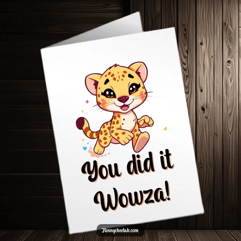 Free Printable Congratulations Card showing a speedy cheetah with a mischievous wink, celebrating success with flair.