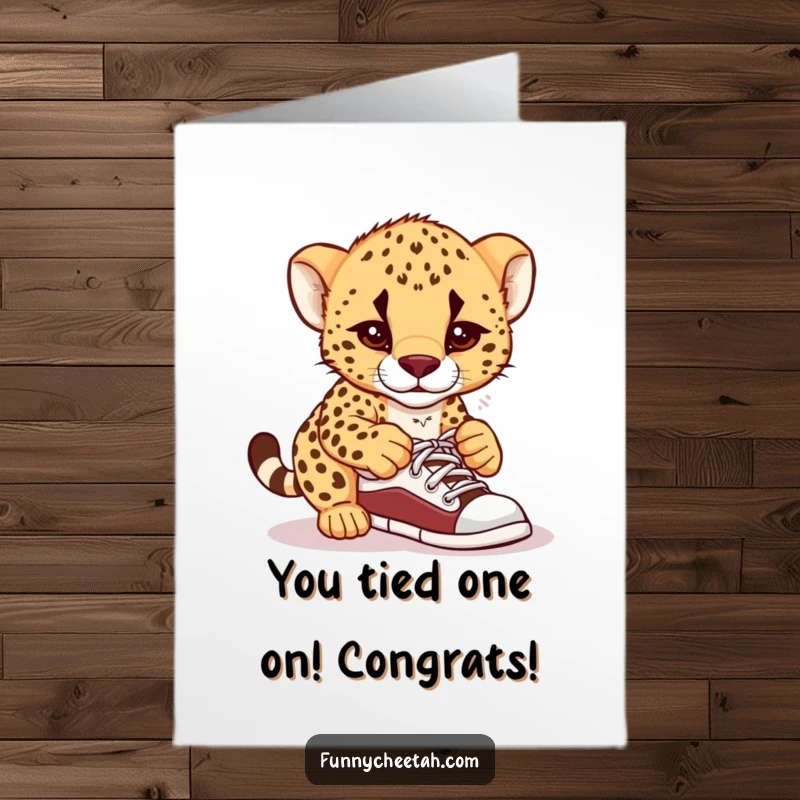 Funny Free Printable Cheetah Cub Congratulations Card: Cub comically confused tying shoelaces, celebrating success with humor.